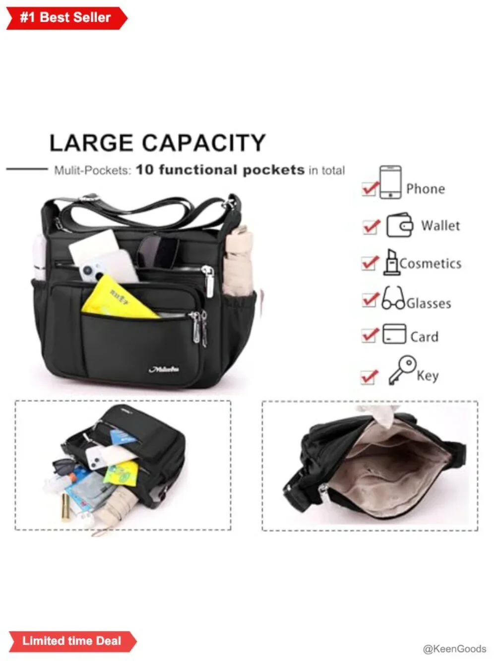 Womens Nylon Waterproof Crossbody Bag Multi Pocket Shoulder Purse